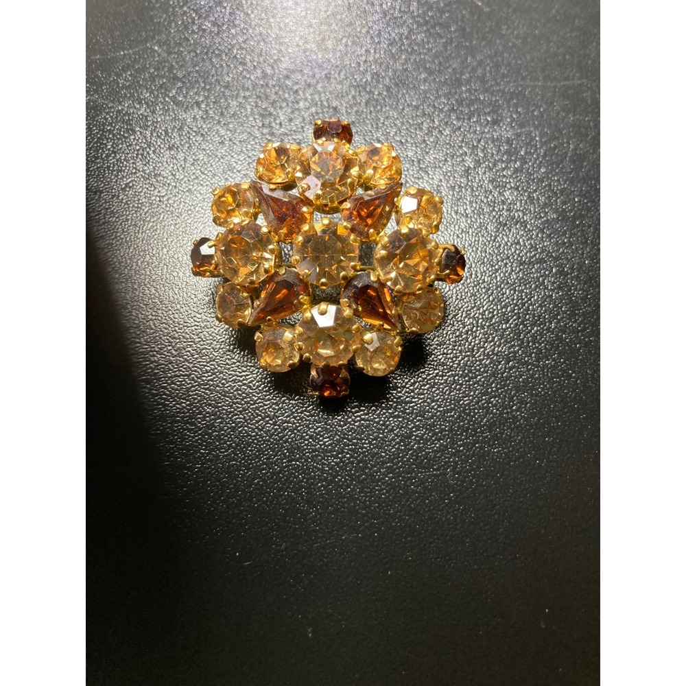 Vintage Austria‎ Amber Topaz Rhinestone Brooch Pin Gold Tone Signed Crystal